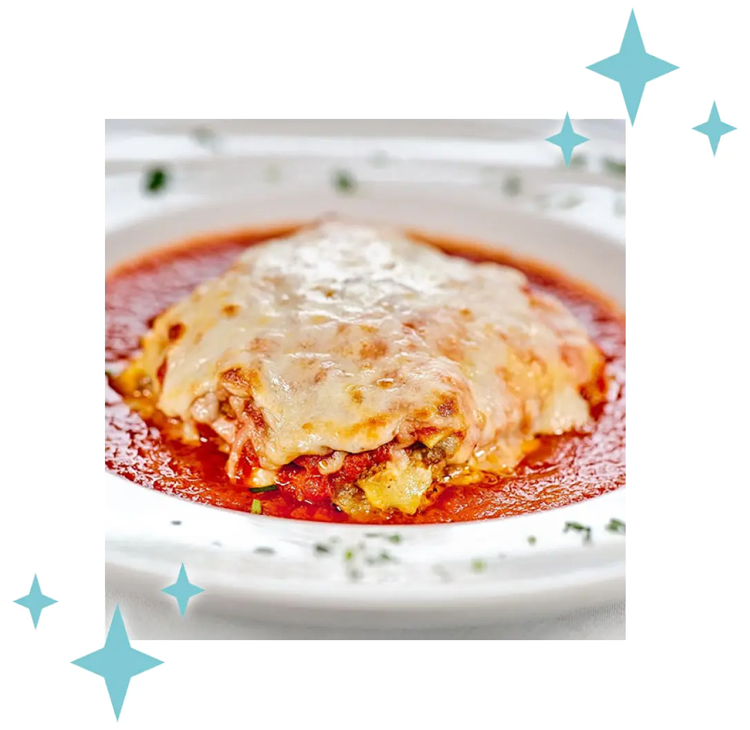 An image of a delicious looking pasta dish, with stars from the Roost logo around it.