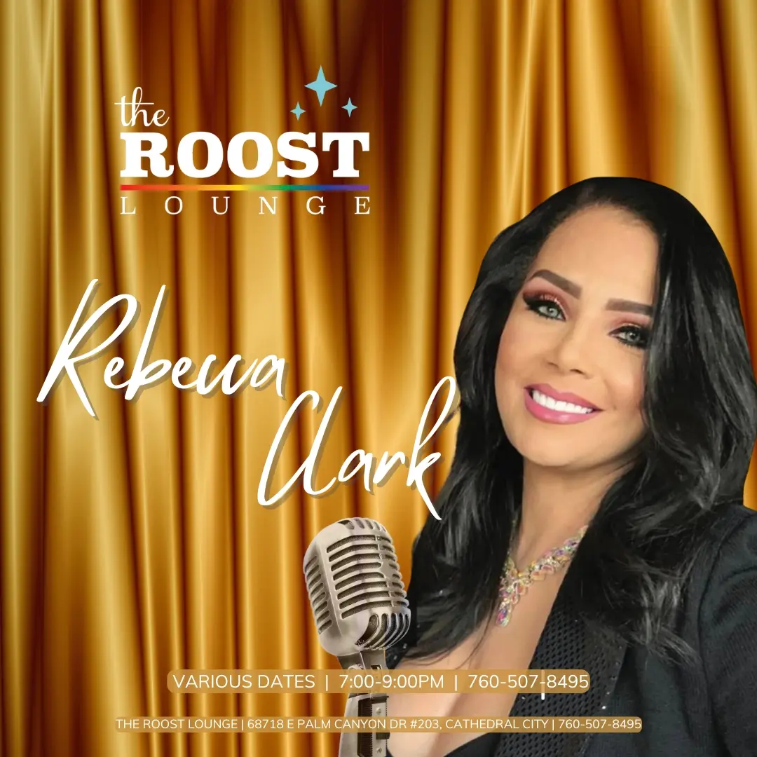 A photo of Rebecca Clark beneath the Roost Logo. The text reads "Rebecca Clark. Various Dates | 7:00 - 9:00PM"