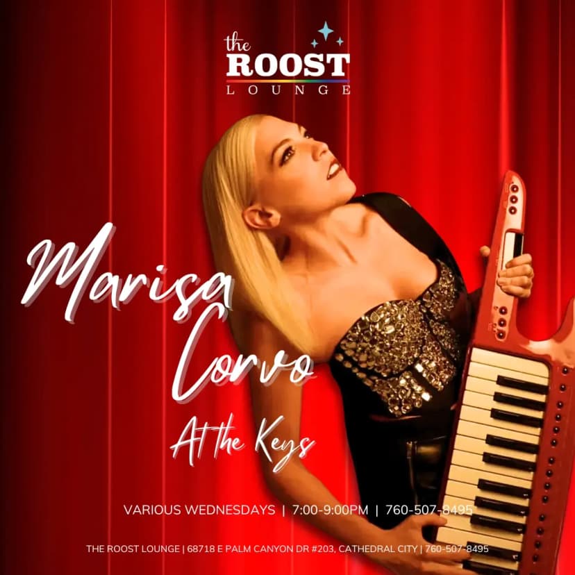 A photo of Marisa Corvo with a keytar. The text reads: "Marisa Corvo at the keys, Various Wednesdays, 7-9pm"