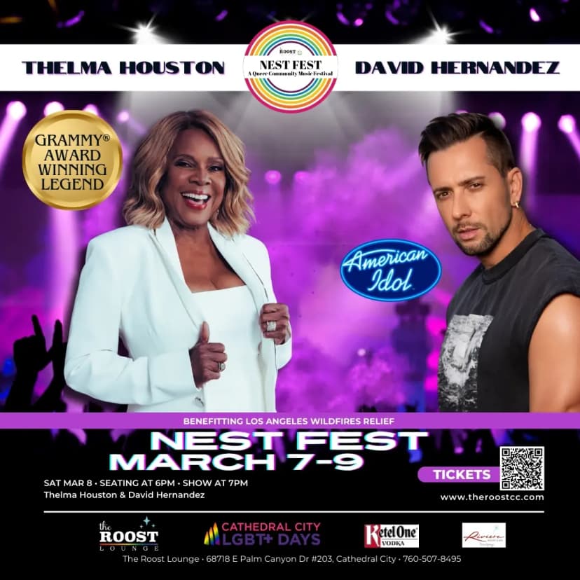 A photo of Thelma Houston and David Hernandez. The caption reads "Nest Fest March 7-9. Sat Mar 9, Seating at 6pm, Show at 7pm"